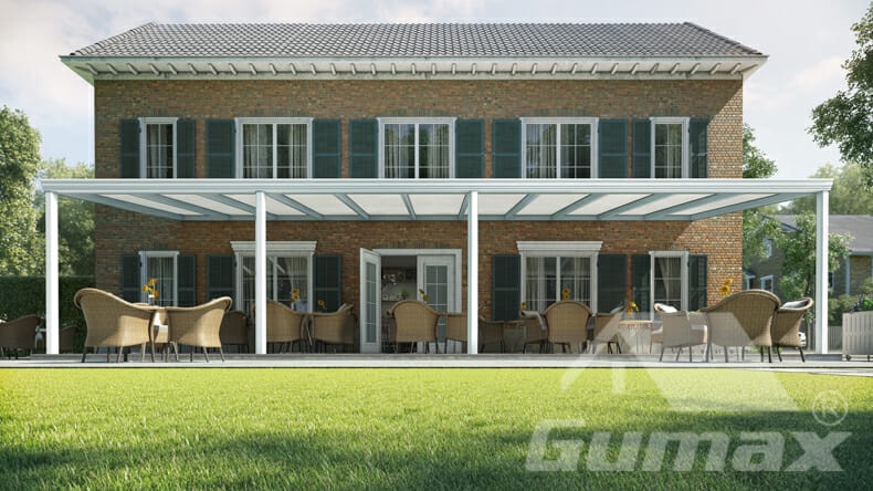 Klassische Terrassenüberdachung in matt weiß, 11,06 x 4 Meter mit IQ Relax  Polycarbonat • Modernbedacht