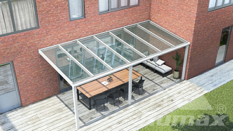 Moderne Terrassenüberdachung in matt weiß, 7,06 x 2,5 Meter mit Glasdach •  Modernbedacht